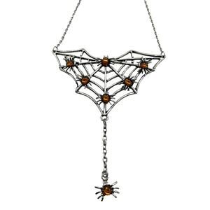 Spiderweb Necklace Gothic Halloween Orange Colored Acrylic "Gem" Spiders Women's